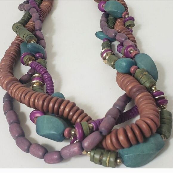TWISTED WOODED BEAD Multi-Strand Necklace Muted Jewel Tones - Picture 9 of 9